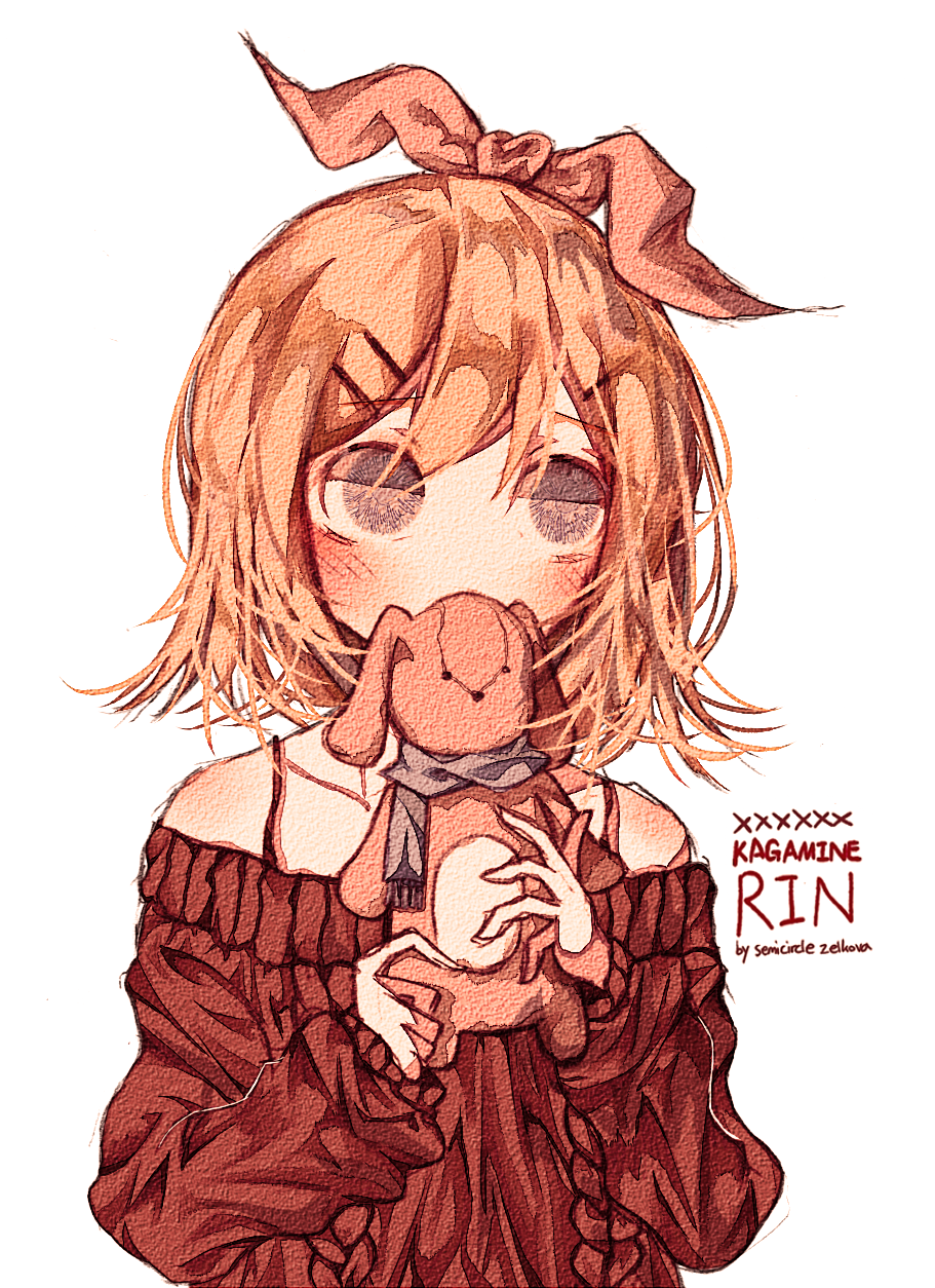 1girl artist_name baggy_clothes bangs blonde_hair blush bow collarbone grey_eyes hair_bow hair_ornament hair_ribbon hairclip half-closed_eyes highres kagamine_rin looking_away rabbit ribbed_sweater ribbon scarf short_hair shoulders simple_background strap stuffed_animal stuffed_bunny stuffed_toy sweater user_xkew2474 vocaloid white_background