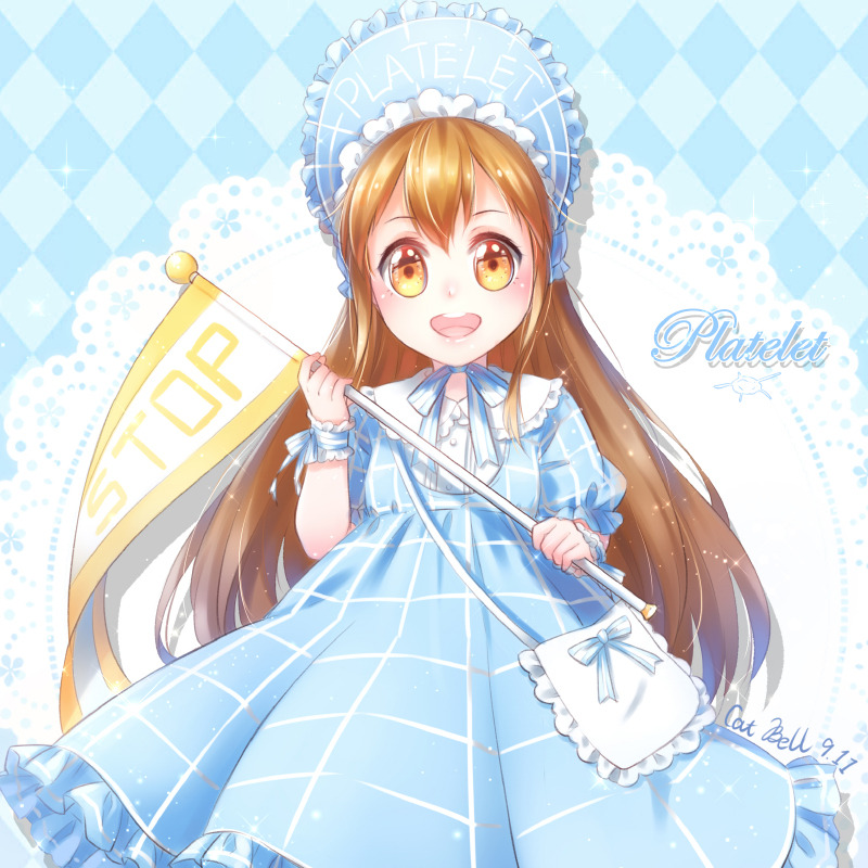 1girl :d argyle argyle_background blue_dress blue_ribbon brown_eyes brown_hair catbell413 character_name dress flag hair_between_eyes hataraku_saibou headdress holding holding_flag long_hair looking_at_viewer open_mouth platelet_(hataraku_saibou) ribbon shiny shiny_hair short_sleeves smile solo standing striped striped_ribbon very_long_hair