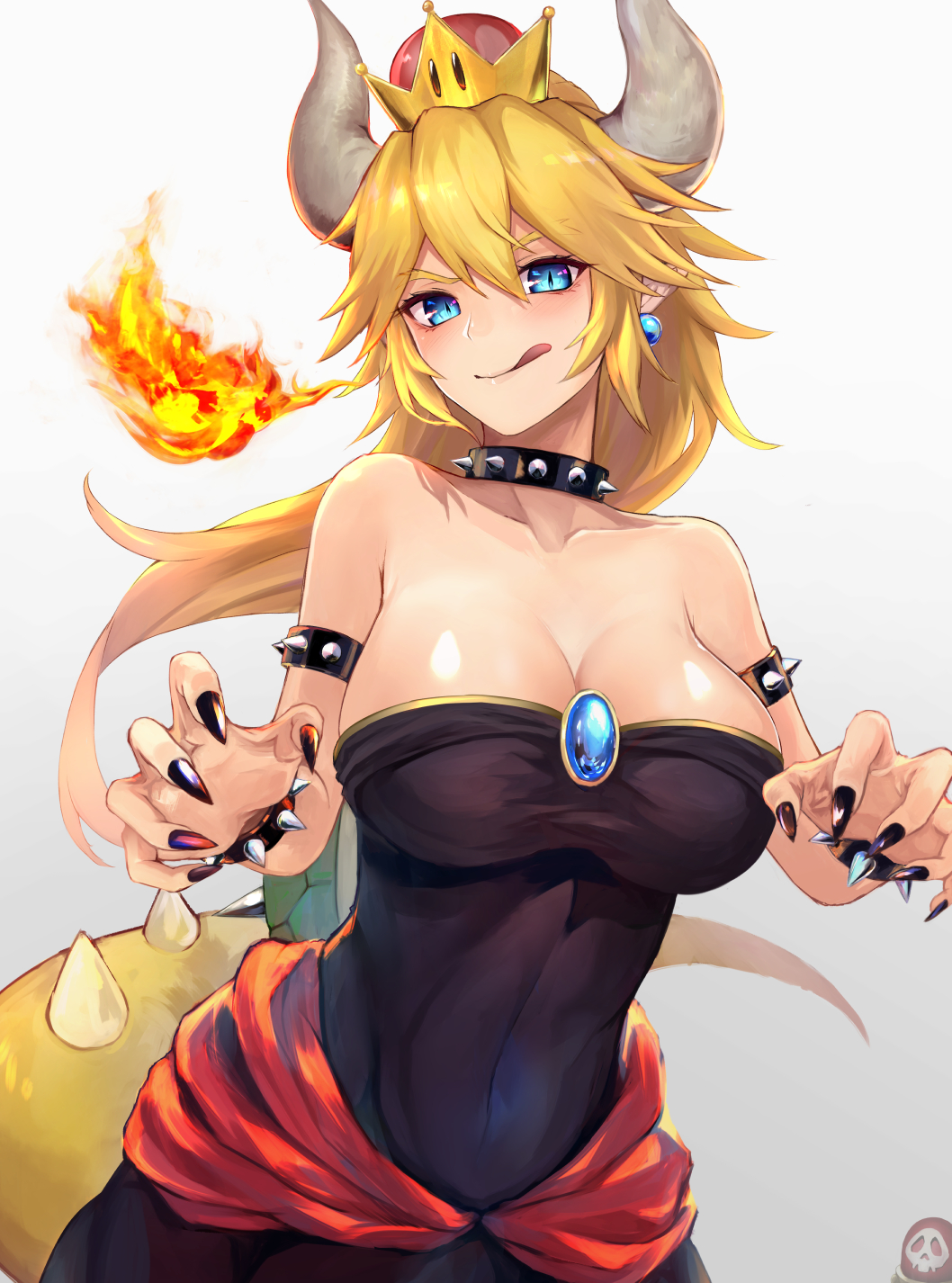 1girl :q bare_shoulders black_dress blonde_hair blue_eyes bowsette bracelet breasts collar collarbone commentary_request dress earrings fire flame gradient gradient_background grey_background highres horns jewelry large_breasts long_hair looking_at_viewer super_mario_bros. new_super_mario_bros._u_deluxe nintendo solo spiked_bracelet spiked_collar spiked_tail spikes super_crown super_mario_bros. tongue tongue_out white_background yukihama