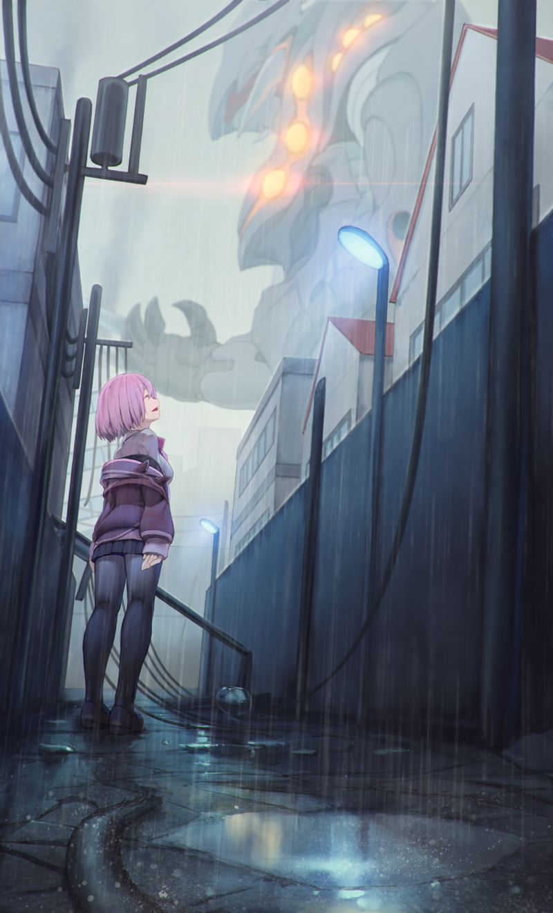 1girl alley arms_at_sides black_footwear black_legwear black_skirt breasts closed_eyes commentary_request day destruction from_behind highres house jacket lamppost lens_flare long_sleeves mecha medium_breasts miniskirt open_mouth outdoors pink_hair puddle purple_jacket rain rotix shinjou_akane shoes short_hair skirt smile solo ssss.gridman standing telephone_pole town water