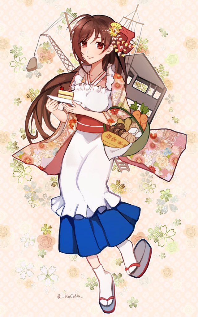 1girl alternate_costume apron brown_hair cake carrot commentary_request floral_background floral_print food frilled_apron frills full_body geta hair_ornament hair_ribbon hairclip japanese_clothes kantai_collection kimono kocona long_hair machinery mamiya_(kantai_collection) mushroom onion ponytail pot potato print_kimono red_eyes ribbon sandals socks solo tabi white_apron white_legwear