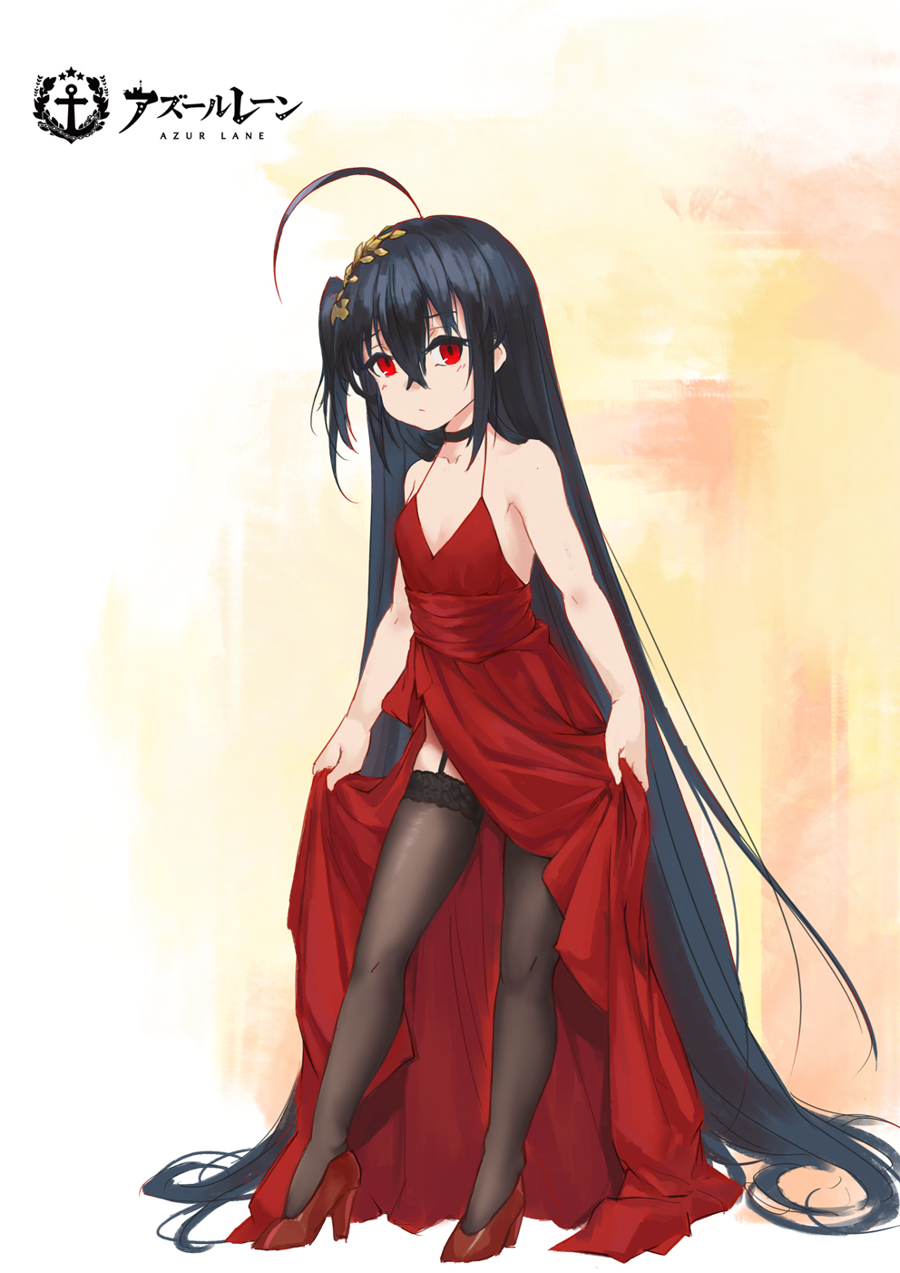 1girl ahoge azur_lane bangs bare_shoulders black_hair black_legwear blush breasts choker closed_eyes cocktail_dress collarbone commentary_request copyright_name crossed_bangs dress dress_lift eyebrows_visible_through_hair full_body garter_straps hair_between_eyes hair_ornament handi high_heels highres lifted_by_self long_hair looking_at_viewer red_choker red_dress red_eyes red_footwear small_breasts solo standing taihou_(azur_lane) thigh-highs very_long_hair younger