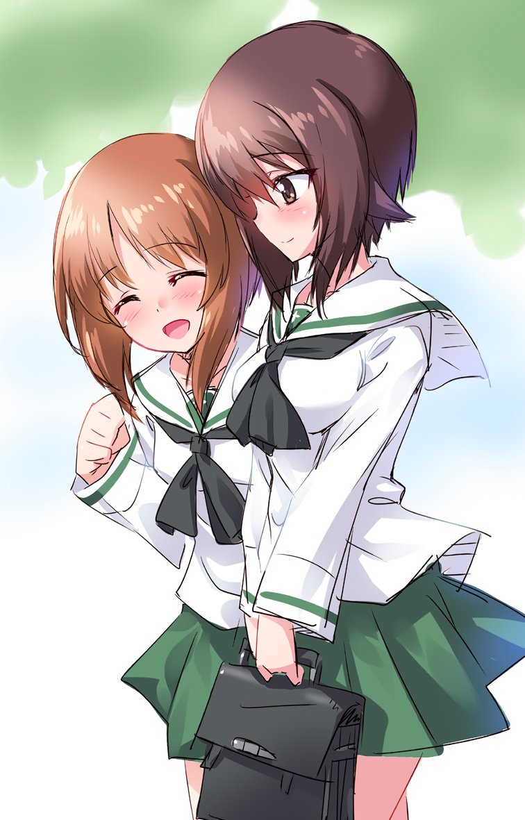 2girls alternate_costume bag bangs black_neckwear blouse blush closed_eyes closed_mouth commentary_request eyebrows_visible_through_hair facing_viewer girls_und_panzer green_skirt holding kuzuryuu_kennosuke laughing long_sleeves looking_at_another miniskirt multiple_girls neckerchief nishizumi_maho nishizumi_miho ooarai_school_uniform pleated_skirt school_bag school_uniform serafuku short_hair siblings sisters sketch skirt smile standing white_blouse