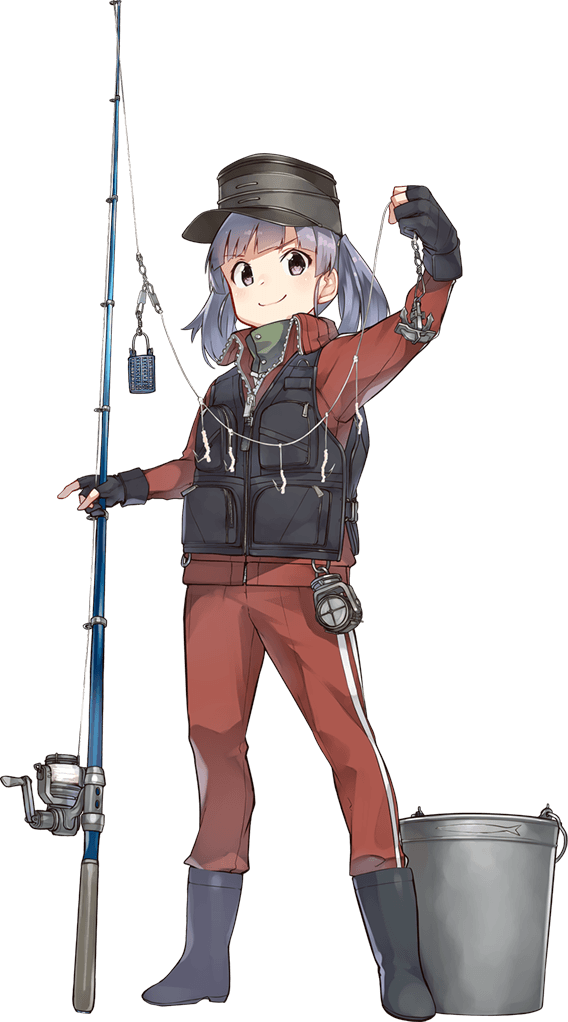 1girl blue_hair boots bucket dress fishing_rod hat kantai_collection konishi_(koconatu) official_art ooshio_(kantai_collection) purple_hair red_track_suit rubber_boots searchlight shirt short_sleeves short_twintails track_suit twintails vest