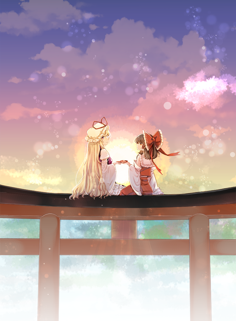 2girls atoki blonde_hair bonnet bow brown_hair cup day detached_sleeves from_behind hair_bow hair_tubes hakurei_reimu hat hat_ribbon holding lens_flare long_hair long_sleeves looking_at_viewer looking_back multiple_girls red_bow red_ribbon red_shirt red_skirt ribbon sakazuki shirt sitting skirt sleeveless sleeveless_shirt torii touhou very_long_hair white_hat white_sleeves yakumo_yukari