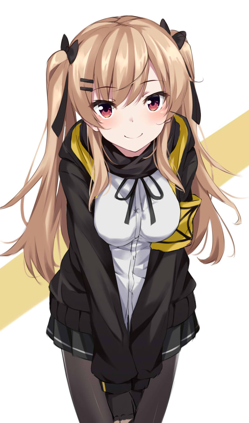 1girl bangs black_bow black_gloves black_jacket black_ribbon black_skirt blush bow breast_squeeze breasts brown_background closed_mouth commentary_request cowboy_shot dress_shirt eyebrows_visible_through_hair girls_frontline gloves hair_between_eyes hair_bow hair_ornament hairclip head_tilt highres hood hood_down hooded_jacket jacket kohakope leaning_forward light_brown_hair long_hair looking_at_viewer medium_breasts neck_ribbon open_clothes open_jacket pleated_skirt red_eyes ribbon shirt skirt smile solo twintails two-tone_background ump9_(girls_frontline) v_arms very_long_hair white_background white_shirt