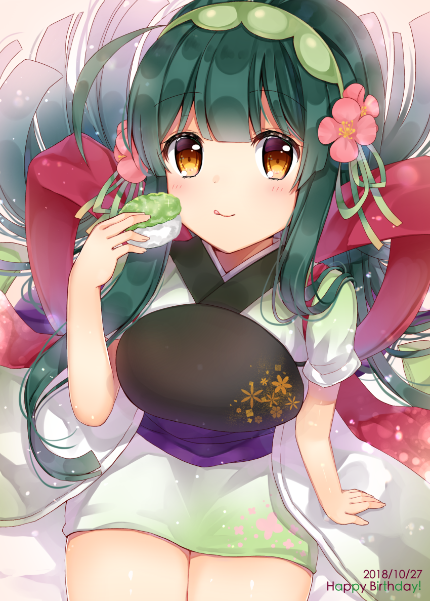 1girl arm_support bed_sheet blush brown_eyes closed_mouth commentary_request dated fingernails flower food gradient gradient_kimono green_hair green_hairband green_kimono green_ribbon hair_flower hair_ornament hair_ribbon hairband hand_up happy_birthday holding holding_food japanese_clothes kimono kimono_skirt licking_lips long_hair muneate red_flower ribbon shikino_(sikinonono) short_kimono short_sleeves smile solo tongue tongue_out touhoku_zunko very_long_hair vocaloid voiceroid white_kimono