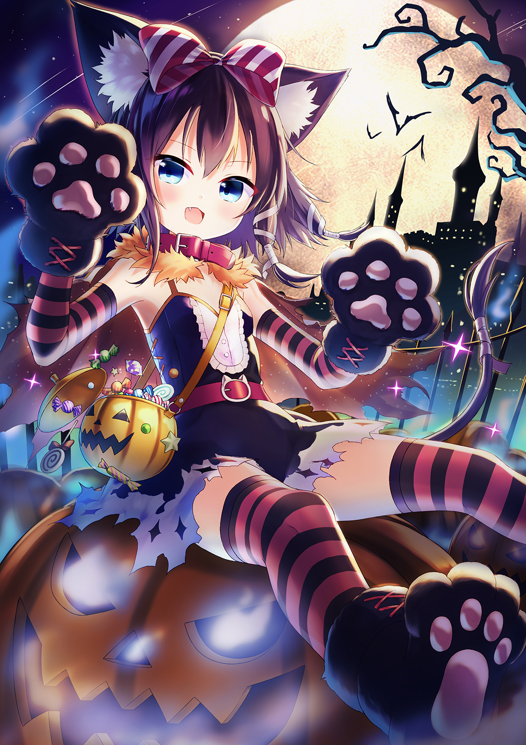 1girl :d animal_ears bag bat belt black_dress black_hair blue_eyes candy cape castle cat_ears cat_paws cat_tail collar commentary_request detached_sleeves dress food full_moon halloween highres jack-o'-lantern lollipop looking_at_viewer moon night night_sky open_mouth original paws satou_(3366_s) short_hair shoulder_bag sky smile solo star_(sky) starry_sky striped striped_legwear swirl_lollipop tail thigh-highs tree zettai_ryouiki