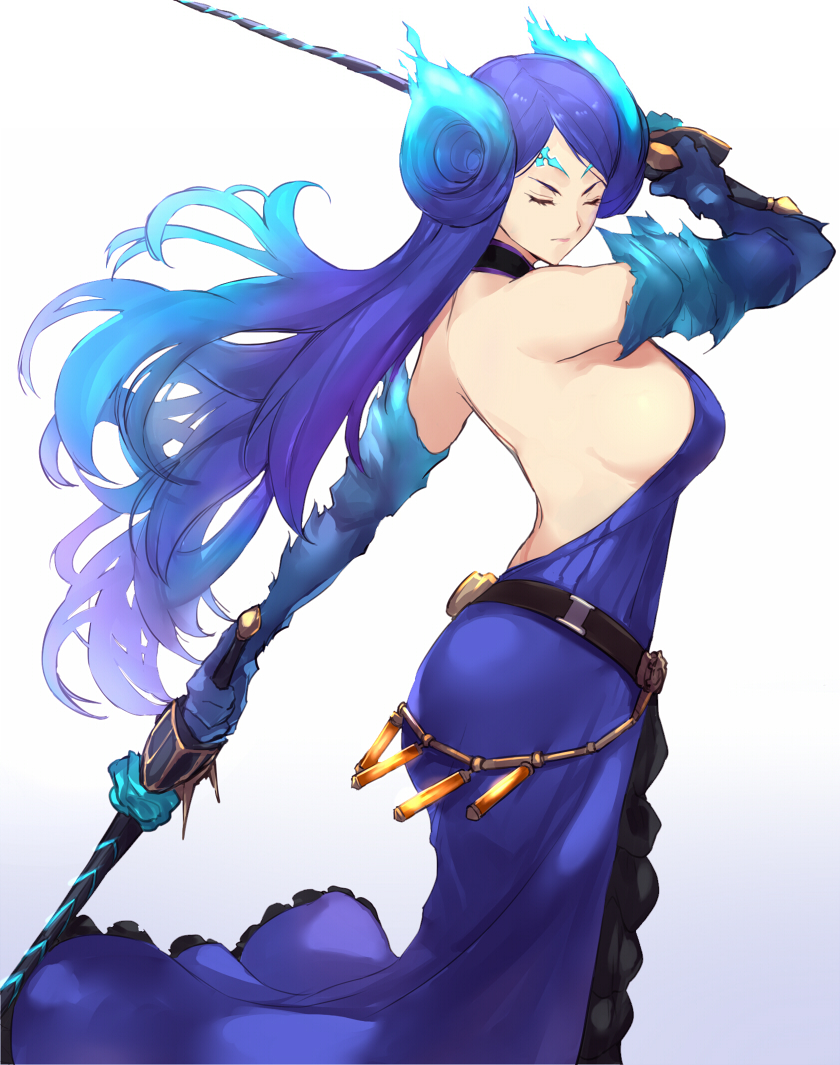 1girl ass bare_shoulders blue_hair breasts closed_eyes collarbone dress dual_wielding fire gloves gradient_hair holding kagutsuchi_(xenoblade) large_breasts long_hair multicolored_hair negresco nintendo purple_hair sideboob simple_background solo sword weapon xenoblade_(series) xenoblade_2