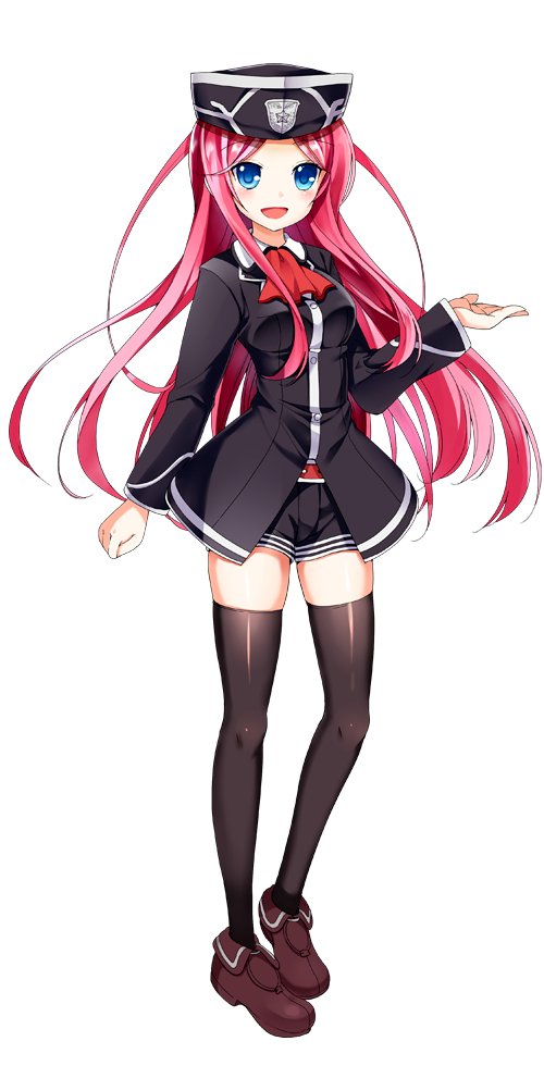 1girl :d anna_lambierre black_hat black_legwear black_shorts blue_eyes blush breasts brown_footwear clenched_hand full_body hand_up hat long_hair looking_at_viewer medium_breasts official_art open_mouth patriarch_xtasy pink_hair red_neckwear short_shorts shorts smile solo standing transparent_background very_long_hair