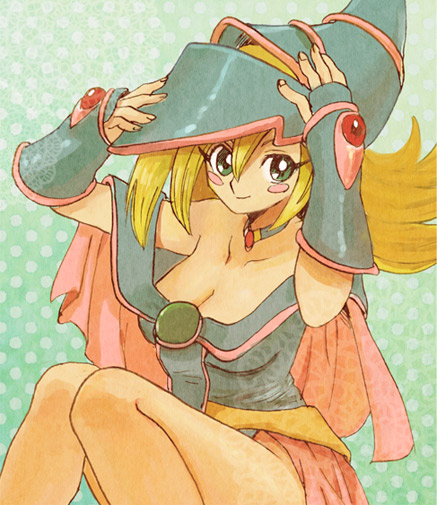 1girl bare_shoulders blonde_hair blush blush_stickers breasts choker cleavage commentary_request dark_magician_girl duel_monster hat long_hair looking_at_viewer open_mouth smile solo wizard_hat yu-gi-oh! yuu-gi-ou yuu-gi-ou_duel_monsters yuza