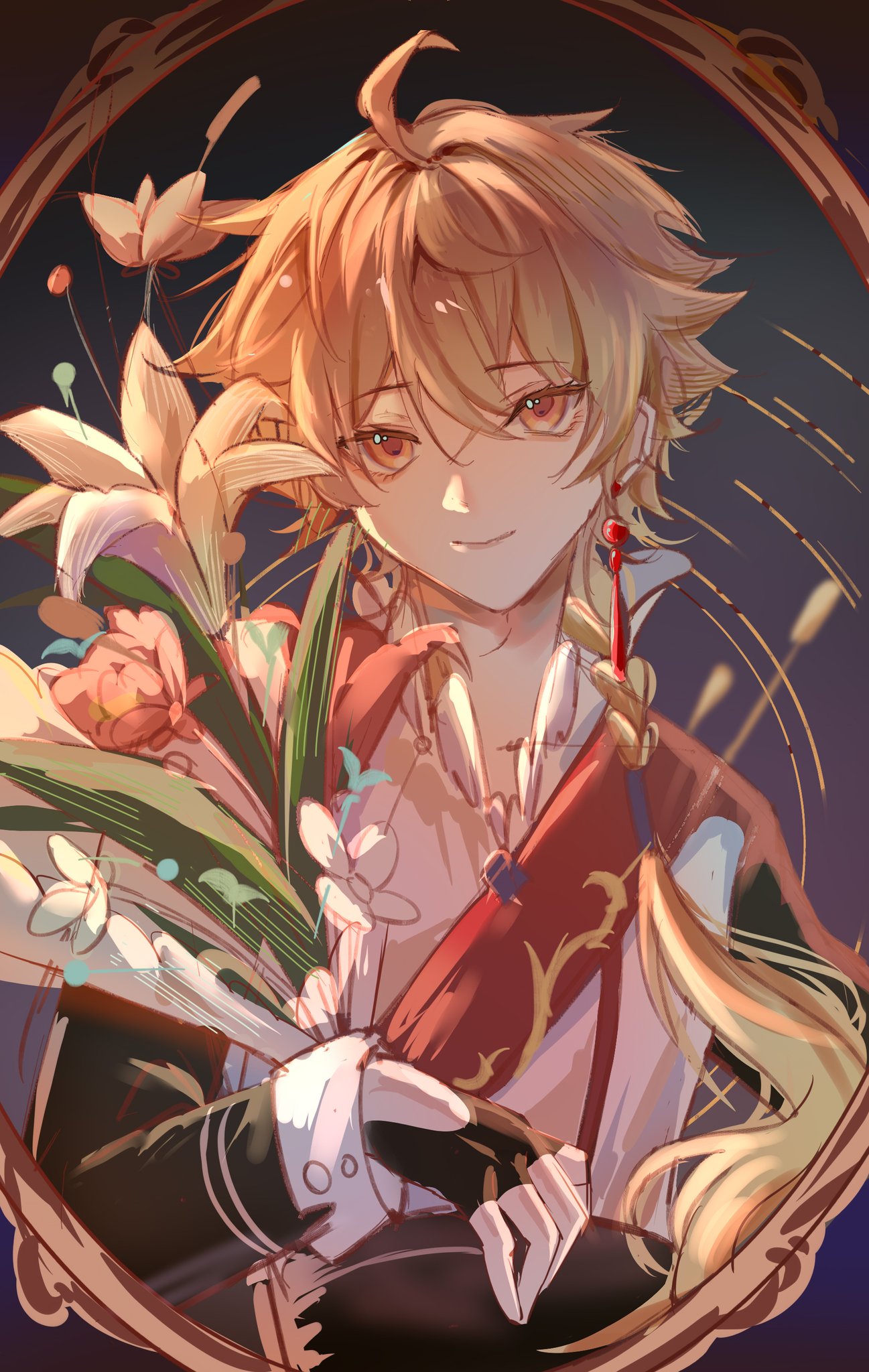 1boy aether_(genshin_impact) ahoge blonde_hair bouquet braid closed_mouth earrings flower formal genshin_impact gradient gradient_background grey_background highres holding holding_bouquet jewelry lgny2x long_hair long_sleeves looking_at_viewer male_focus red_vest shirt single_braid smile solo vest white_shirt yellow_eyes