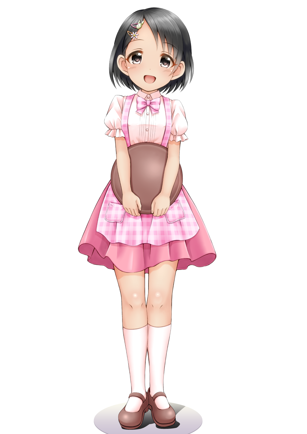1girl :d apron bangs black_hair blush bow brown_eyes brown_footwear collared_shirt dress_shirt eyebrows_visible_through_hair food full_body gingham gingham_apron hair_ornament hairclip head_tilt highres holding holding_tray idolmaster idolmaster_cinderella_girls idolmaster_cinderella_girls_starlight_stage kneehighs mary_janes open_mouth pink_apron pink_bow pink_skirt plaid plaid_apron plaid_bow pleated_skirt puffy_short_sleeves puffy_sleeves regular_mow sasaki_chie shadow shirt shoes short_sleeves skirt smile solo standing swept_bangs tray uniform unmoving_pattern waitress white_background white_legwear white_shirt