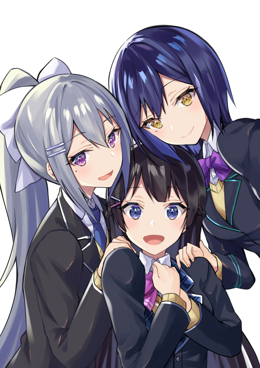 3girls :d bangs black_hair blue_eyes blue_hair blue_neckwear bow bowtie braid eyebrows_visible_through_hair french_braid hair_between_eyes hair_bow hair_ornament hairclip half_updo hand_on_another's_shoulder hands_on_own_chest head_tilt highres higuchi_kaede jacket long_hair long_sleeves looking_at_viewer mole mole_under_eye multiple_girls necktie nijisanji open_mouth ponytail ryun025 school_uniform shizuka_rin short_hair silver_hair simple_background smile smug tsukino_mito violet_eyes virtual_youtuber white_background wing_collar yellow_eyes