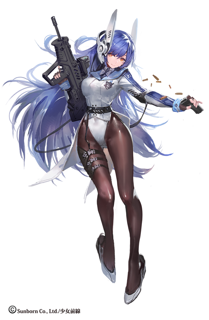 1girl ammunition ass_visible_through_thighs assault_rifle belt black_legwear blue_hair bullpup closed_mouth eyebrows full_body girls_frontline gun hair_between_eyes head_tilt headgear highleg highleg_leotard holding holding_gun holding_weapon imi_tavor_tar-21 impossible_clothes impossible_leotard kishiyo leotard leotard_under_clothes logo long_hair looking_at_viewer magazine_(weapon) magazine_ejection necktie official_art orange_eyes pantyhose rifle smile solo standing standing_on_one_leg strap tar-21_(girls_frontline) transparent_background trigger_discipline very_long_hair weapon white_leotard