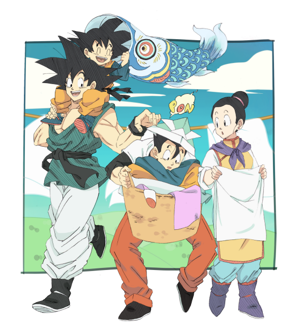 1girl 3boys :d :o ^_^ basket black_hair blanket boots brothers carrying carrying_over_shoulder chinese_clothes closed_eyes closed_eyes clouds cloudy_sky couple day dragon_ball dragonball_z expressionless eyelashes family father_and_son full_body grass happy hetero leg_up long_sleeves looking_at_another mother_and_son multiple_boys nature neckerchief open_mouth outdoors outside_border paper_hat purple_neckwear siblings simple_background sky smile socks standing surprised tied_hair toy walking white_background