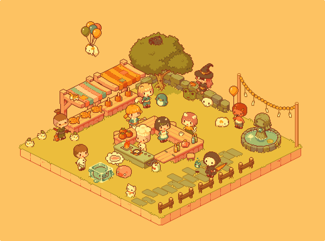 4girls 5boys animal_ears balloon bird bottle cat chef chef_hat chef_uniform chibi chicken commentary day evening fence festival floating food grass hat hitodama ice_block jar jmw327 multiple_boys multiple_girls oni oni_horns orange_background original outdoors penguin pixel_art pond ronin scenery sheep skull stall statue stone_wall table tail thought_bubble tree umbrella wall witch witch_hat