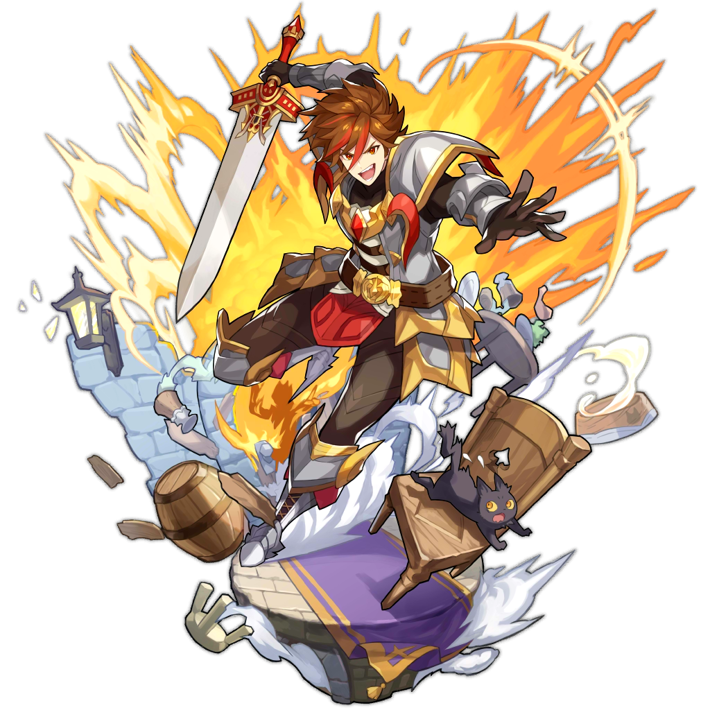 1boy armor armored_boots artist_request barrel boots bowl brown_hair cat chair dragalia_lost explosion holding karl_(dragalia_lost) lamp looking_at_viewer milk multicolored_hair non-web_source official_art open_mouth short_hair smile streaked_hair sword transparent_background weapon