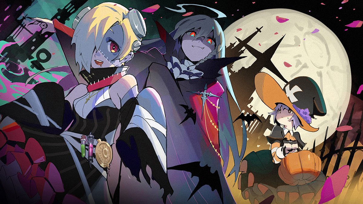3girls :d ahoge ascot bare_shoulders bat black_dress blonde_hair braid breasts cape capelet castle chinese_commentary commentary_request costume cross cross_necklace detached_sleeves dress fangs fingernails frilled_dress frills full_moon grey_hair hair_over_one_eye halloween hat hoshi_shouko idolmaster idolmaster_cinderella_girls jewelry kawaii_boku_to_142's koshimizu_sachiko long_fingernails long_hair looking_at_viewer moon multiple_girls necklace night night_sky open_mouth oversized_moon petals pink_hair pumpkin_basket red_eyes saliva screw screw_in_head sharp_nails shirasaka_koume short_hair side_braid single_braid sky sleeves_past_wrists small_breasts smile stitches upper_teeth vampire_costume vial waterkuma witch_costume witch_hat