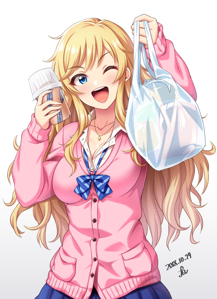 1girl ;d arms_up bag bangs blonde_hair blue_bow blue_neckwear blue_skirt blush bow bowtie breasts buttons cleavage collar collared_shirt cup dated disposable_cup eyebrows_visible_through_hair gradient gradient_background head_tilt highres holding holding_bag holding_cup idolmaster idolmaster_cinderella_girls lipstick long_hair long_sleeves looking_at_viewer loose_bowtie makeup medium_breasts one_eye_closed ootsuki_yui open_mouth pink_cardigan pink_lips pleated_skirt round_teeth shirt shopping_bag signature skirt smile solo teeth upper_teeth white_background white_shirt yoohi