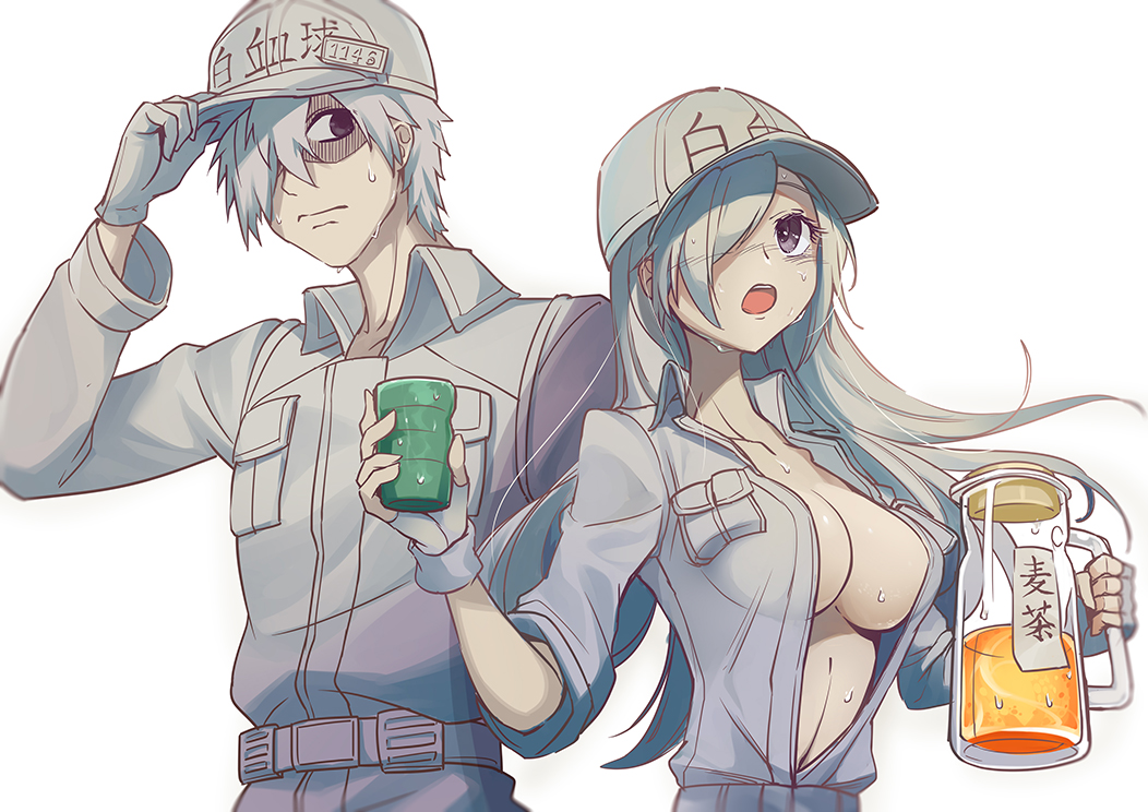 1boy 1girl adjusting_headwear baseball_cap breasts cleavage collared_shirt cowboy_shot cup fingerless_gloves gloves grey_shirt hair_over_one_eye hat hataraku_saibou hataraku_saibou_black long_hair long_sleeves looking_at_another medium_breasts midriff name_tag no_bra open_clothes open_mouth open_shirt pants pitcher shirt short_hair silversirius simple_background spiky_hair sweat teacup u-0001 u-1146 violet_eyes white_background white_blood_cell_(hataraku_saibou) white_gloves white_hair white_hat