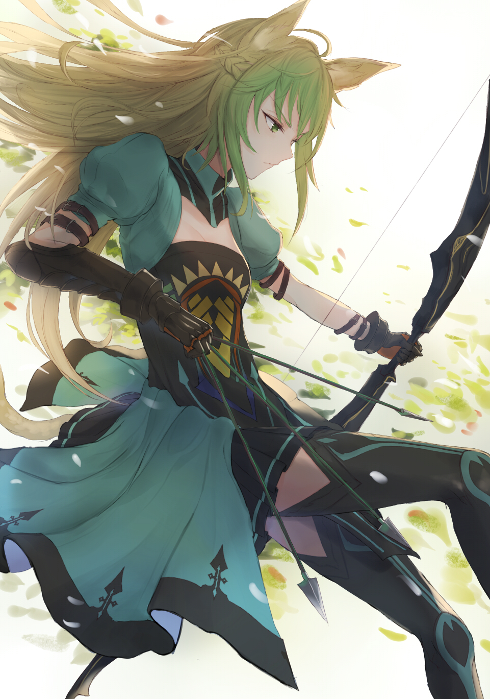 1girl ahoge animal_ears arrow atalanta_(fate) bodice boots bow_(weapon) braid fate/apocrypha fate_(series) gauntlets green_eyes green_hair highres holding holding_arrow holding_weapon kachi long_hair miniskirt multicolored_hair puffy_short_sleeves puffy_sleeves short_sleeves skirt solo tail thigh-highs thigh_boots two-tone_hair weapon
