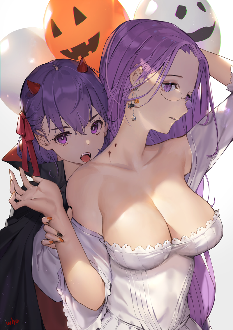 2girls balloon bare_shoulders bat_earrings bb_(fate)_(all) bb_(swimsuit_mooncancer)_(fate) bite_mark blood breasts cape cleavage collarbone earrings fang fate/grand_order fate_(series) glasses hair_ribbon horns jack-o'-lantern jack-o'-lantern_earrings jewelry large_breasts long_hair looking_at_viewer multicolored multicolored_nails multiple_girls nail_polish open_mouth purple_hair ribbon vampire_costume violet_eyes whoisshe