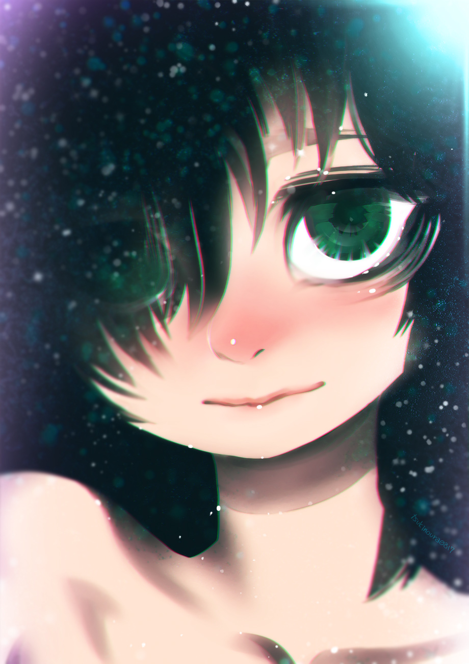 1girl black_hair blush collarbone green_eyes hair_over_one_eye hakkasame highres kuroki_tomoko long_hair looking_at_viewer portrait signature smile solo twitter_username watashi_ga_motenai_no_wa_dou_kangaetemo_omaera_ga_warui!