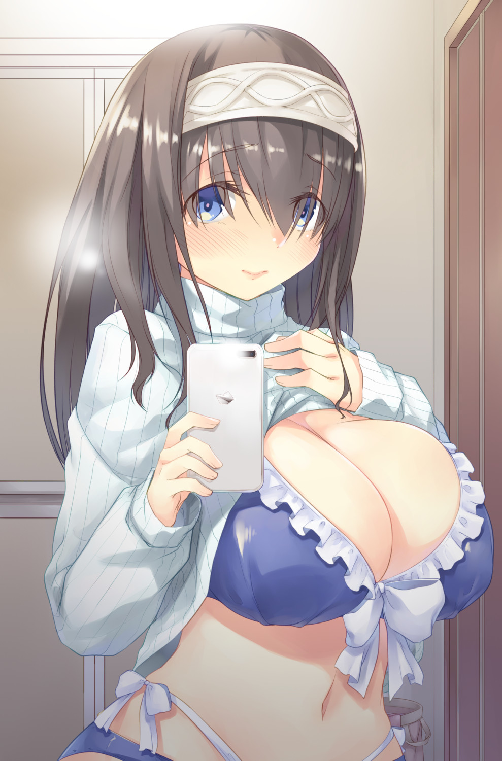 1girl bangs bikini blue_bikini blue_eyes bow breasts brown_hair cellphone cleavage clothes_lift commentary_request eyebrows_visible_through_hair eyes_visible_through_hair frilled_bikini frills front-tie_bikini front-tie_top hair_between_eyes hairband hand_on_own_chest highres holding holding_phone idolmaster idolmaster_cinderella_girls indoors large_breasts lifted_by_self lipstick long_hair long_sleeves looking_at_viewer makeup mikage_sekizai multi-strapped_bikini navel phone pink_lips sagisawa_fumika self_shot sleeves_past_wrists smartphone solo stomach sweater sweater_lift swimsuit taking_picture turtleneck turtleneck_sweater upper_body white_bow