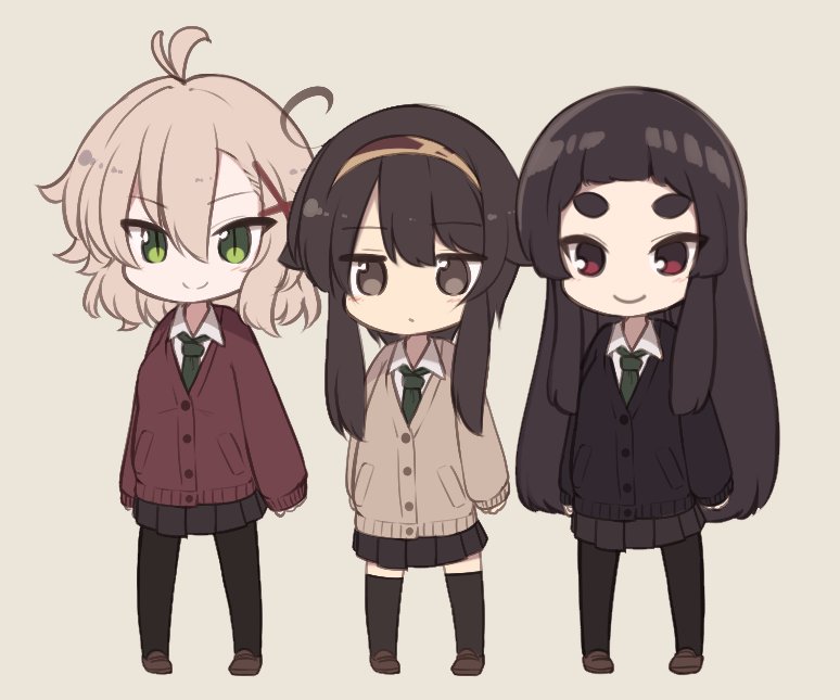 3girls ahoge antenna_hair bangs beige_background black_hair black_legwear black_skirt blush brown_eyes brown_footwear cardigan chibi closed_mouth collared_shirt commentary_request eyebrows_visible_through_hair green_eyes green_neckwear hair_between_eyes hair_ornament hairband kneehighs kuranami_shiki light_brown_hair loafers long_hair long_sleeves looking_at_viewer multiple_girls natsuki_teru necktie nekomiya_ryuu original pleated_skirt red_eyes school_uniform shikibe_ayaka shirt shoes short_eyebrows short_hair_with_long_locks sidelocks simple_background skirt sleeves_past_wrists slit_pupils smile standing sweater_vest thick_eyebrows very_long_hair white_shirt x_hair_ornament