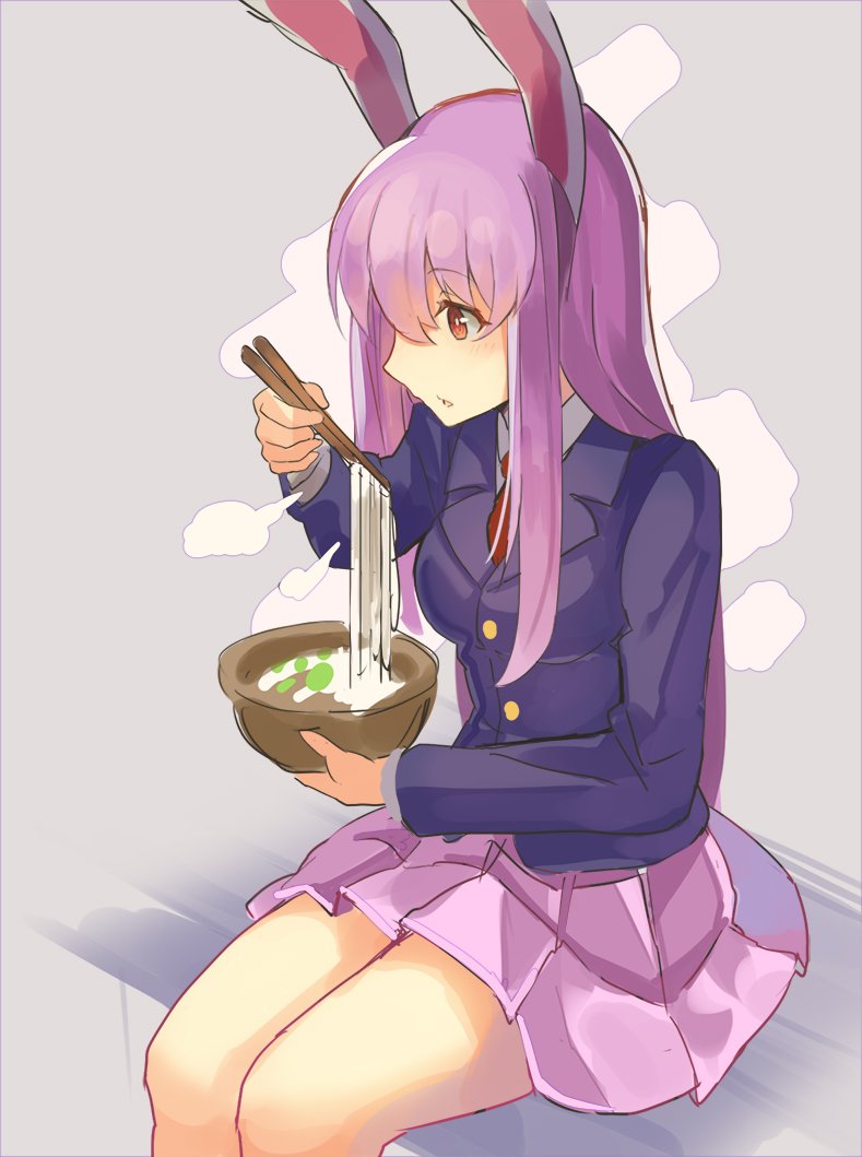 1girl =3 animal_ears bangs blazer bowl breasts chopsticks commentary_request eyebrows_visible_through_hair feet_out_of_frame food grey_background hair_between_eyes hand_up holding holding_bowl holding_chopsticks jacket long_hair long_sleeves medium_breasts miniskirt necktie noodles parted_lips pink_skirt pleated_skirt purple_hair rabbit_ears red_eyes red_neckwear reisen_udongein_inaba rin_falcon shirt sidelocks simple_background sitting sketch skirt solo thighs touhou very_long_hair white_shirt