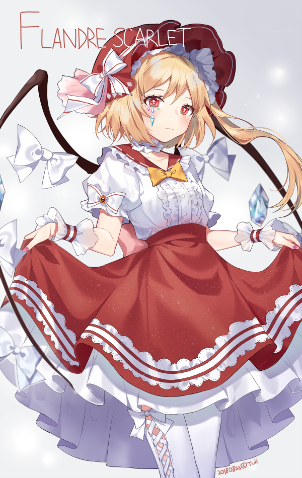 1girl alternate_costume artist_name blonde_hair blush bow breasts bright_pupils center_frills character_name closed_mouth collarbone cowboy_shot crystal dated eyebrows facial_mark fingernails flandre_scarlet frilled_shirt frilled_shirt_collar frills hat hat_bow long_hair long_skirt looking_at_viewer medium_breasts nail_polish perri_(mnemosine) pink_nails puffy_short_sleeves puffy_sleeves red_eyes red_hat red_skirt shirt short_sleeves side_ponytail skirt skirt_hold solo thigh-highs touhou white_bow white_legwear white_shirt wings wrist_cuffs