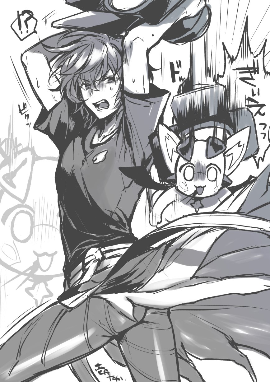 2boys arms_up blood blood_from_mouth dragon granblue_fantasy greyscale highres holding ichitsuki_taka looking_at_another male_focus monochrome multiple_boys open_mouth sandalphon_(granblue_fantasy) shirt stage_lights sweat sweatdrop t-shirt vee_(granblue_fantasy)
