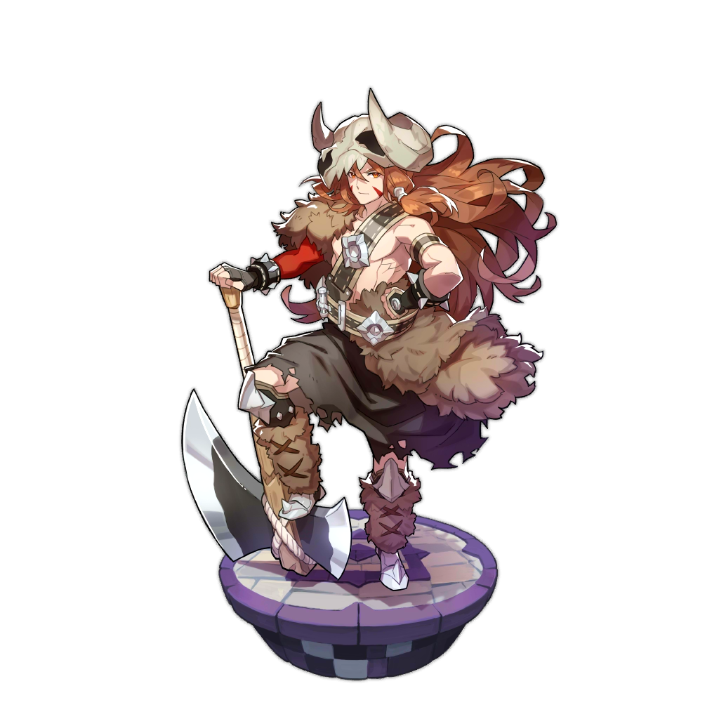 1boy axe boots brown_eyes brown_hair dragalia_lost erik_(dragalia_lost) facepaint holding holding_weapon long_hair looking_at_viewer non-web_source official_art skull_mask spiked_armlet weapon