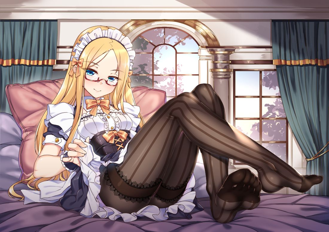 1girl abigail_williams_(fate/grand_order) alternate_costume bangs bed bed_sheet black_dress black_panties blonde_hair blue_eyes blush breasts canopy_bed commentary_request corset curtains dress enmaided fate/grand_order fate_(series) frills full_body indoors lifted_by_self light_smile long_hair looking_at_viewer maid on_bed panties pantyhose parted_bangs pillow puffy_short_sleeves puffy_sleeves red-framed_eyewear semi-rimless_eyewear shirokuma_a short_sleeves sidelocks sitting skirt skirt_lift small_breasts soles solo striped striped_legwear thighband_pantyhose toes underwear vertical-striped_legwear vertical_stripes very_long_hair wrist_cuffs