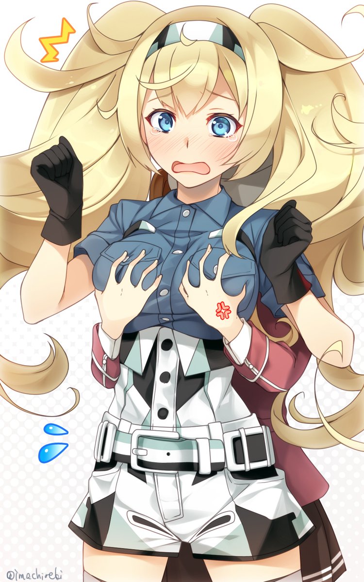 2girls anger_vein belt black_gloves blonde_hair blue_eyes blue_shirt breast_envy breast_grab breast_pocket breasts buttons collared_shirt commentary_request crying crying_with_eyes_open gambier_bay_(kantai_collection) gloves grabbing hair_between_eyes hairband highres imachireki kantai_collection large_breasts multicolored multicolored_clothes multiple_girls pocket ryuujou_(kantai_collection) shirt short_sleeves shorts tears twintails