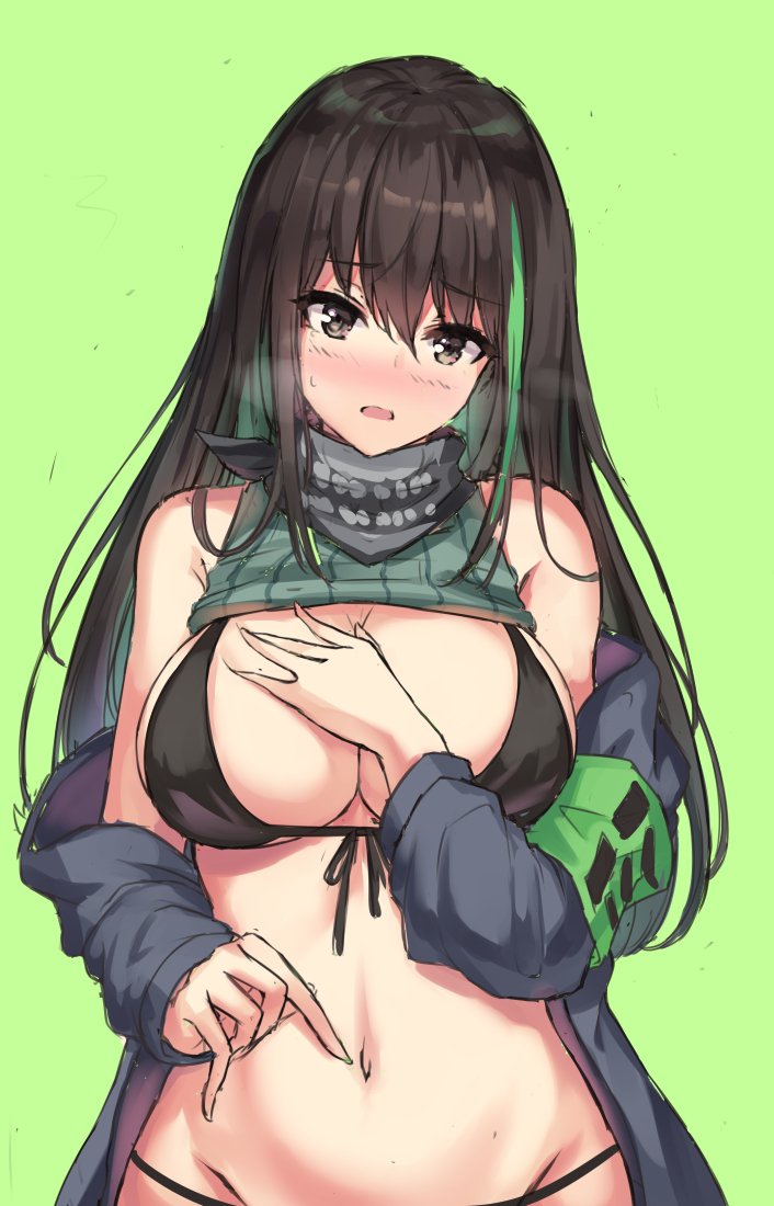 1girl adapted_costume armband bangs bare_shoulders bikini black_bikini black_eyes black_hair blush breasts cenangam clothes_lift cowboy_shot eyebrows_visible_through_hair girls_frontline green_background green_hair green_sweater groin hair_between_eyes headphones jacket long_hair looking_at_viewer m4a1_(girls_frontline) multicolored_hair navel open_mouth ribbed_sweater scarf sidelocks simple_background stomach streaked_hair sweater sweater_lift sweater_vest swimsuit