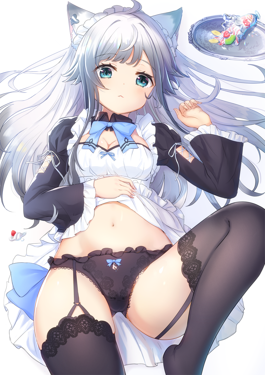 1girl :&lt; ahoge animal_ears bangs black_legwear black_panties blue_bow blue_eyes blush bow bow_panties breasts cat_ears cleavage closed_mouth commentary_request cream dress dress_lift eyebrows_visible_through_hair fingernails food frilled_sleeves frills fruit garter_straps gluteal_fold hand_up highres juliet_sleeves lace lace-trimmed_thighhighs lifted_by_self long_hair long_sleeves looking_at_viewer lying maid maid_headdress navel omelet_tomato on_back original panties parfait puffy_sleeves silver_hair simple_background small_breasts solo spill strawberry thigh-highs tray underwear very_long_hair white_background white_dress wide_sleeves