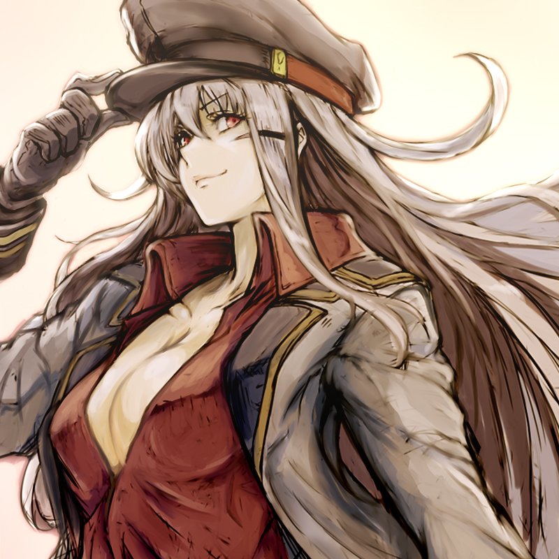 1girl black_gloves breasts closed_mouth eyebrows_visible_through_hair facial_scar flat_cap gangut_(kantai_collection) gloves goodboy grey_hair hair_between_eyes hair_ornament hairclip hat jacket kantai_collection large_breasts long_hair military military_hat military_jacket military_uniform peaked_cap red_eyes red_shirt remodel_(kantai_collection) scar scar_on_cheek shirt simple_background smile solo uniform white_background white_jacket