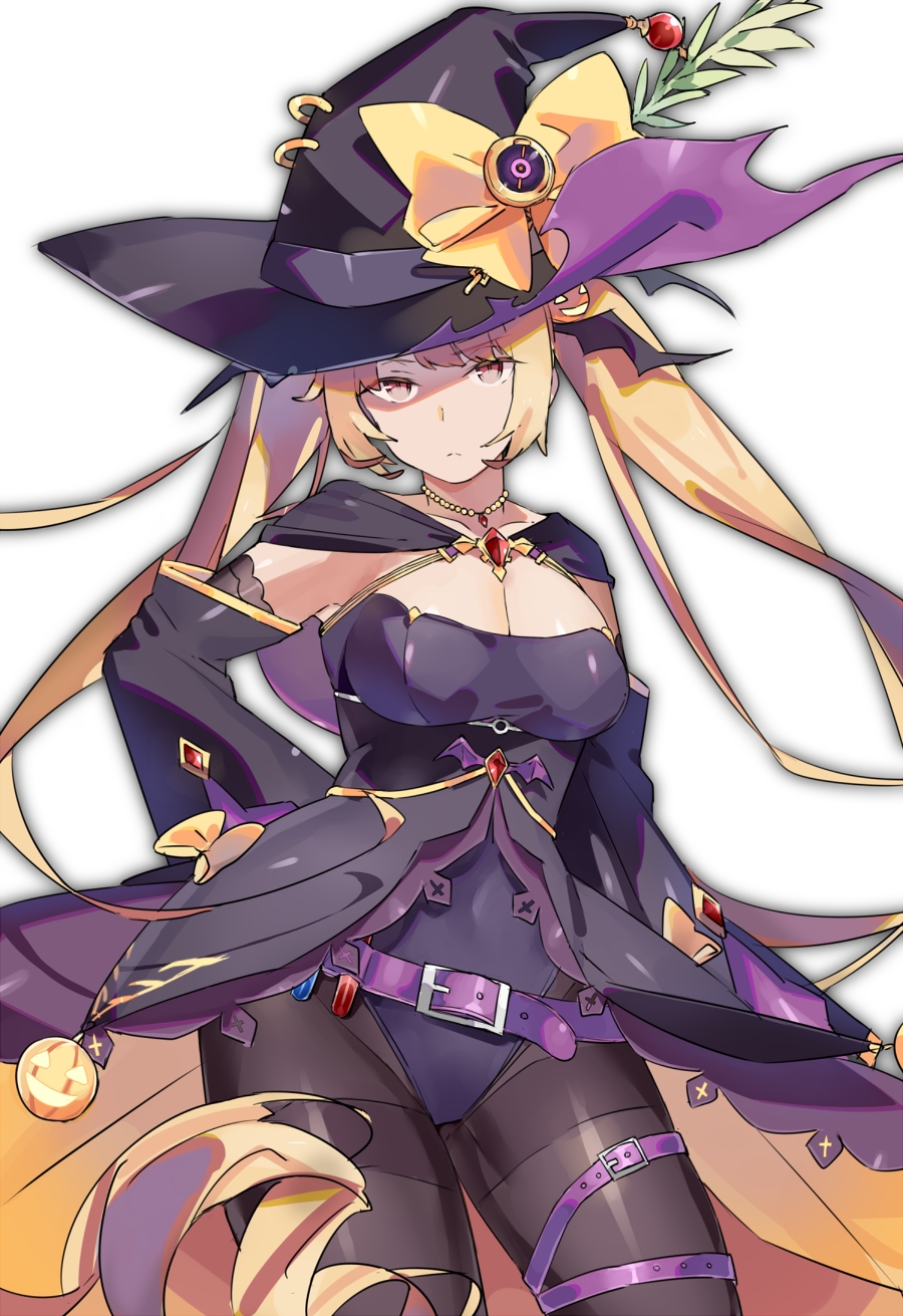 1girl absurdly_long_hair alternate_costume azur_lane bangs bat_hair_ornament belt black_legwear blonde_hair breasts buckle cape cleavage cowboy_shot detached_sleeves dress food_themed_hair_ornament hair_ornament halloween halloween_costume hand_on_hip hat highres jack-o'-lantern large_breasts leotard long_hair looking_at_viewer nelson_(azur_lane) pantyhose potion pumpkin_hair_ornament purple_leotard red_eyes shaded_face shirotae_moyashi sidelocks simple_background solo thigh_strap thighband_pantyhose twintails very_long_hair white_background wide_sleeves witch_hat