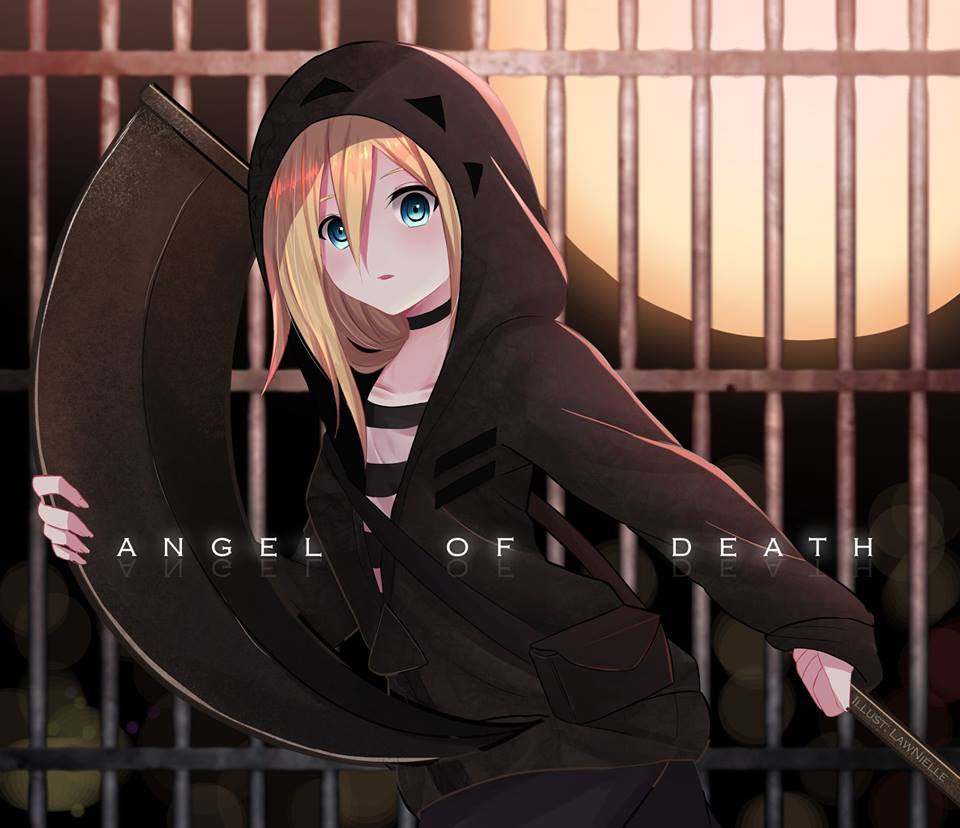 1girl black_jacket black_pants blonde_hair blue_eyes choker cosplay full_moon hair_between_eyes holding holding_scythe isaac_foster isaac_foster_(cosplay) jacket lawnielle long_hair looking_at_viewer moon open_clothes open_jacket pants parted_lips rachel_gardner satsuriku_no_tenshi scythe shirt solo striped striped_shirt