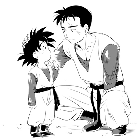 2boys amputee black_eyes black_hair boots brothers dougi dragon_ball dragonball_z expressionless eye_contact finger_to_mouth fingernails full_body greyscale hand_on_another's_head height_difference index_finger_raised kneeling light_smile long_sleeves looking_at_another lowres male_focus monochrome multiple_boys profile sad_smile scar short_hair siblings simple_background smile son_gohan son_goten spiky_hair standing time_paradox ttk_(ehohmaki) white_background