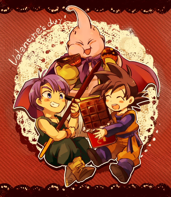 3boys :d ^_^ blush blush_stickers boots candy cape chocolate chocolate_bar closed_eyes closed_eyes clothes_lift cupcake diagonal-striped_background diagonal_stripes dougi dragon_ball dragonball_z eating eyebrows_visible_through_hair fingernails floating food frame full_body gloves grin happy holding holding_pocky long_sleeves looking_away majin_buu male_focus multiple_boys neko_ni_chikyuu open_mouth pocky puffy_cheeks purple_cape purple_hair red_background short_hair simple_background sleeveless smile son_goten spiky_hair striped striped_background teeth trunks_(dragon_ball) two-tone_background valentine wristband yellow_gloves