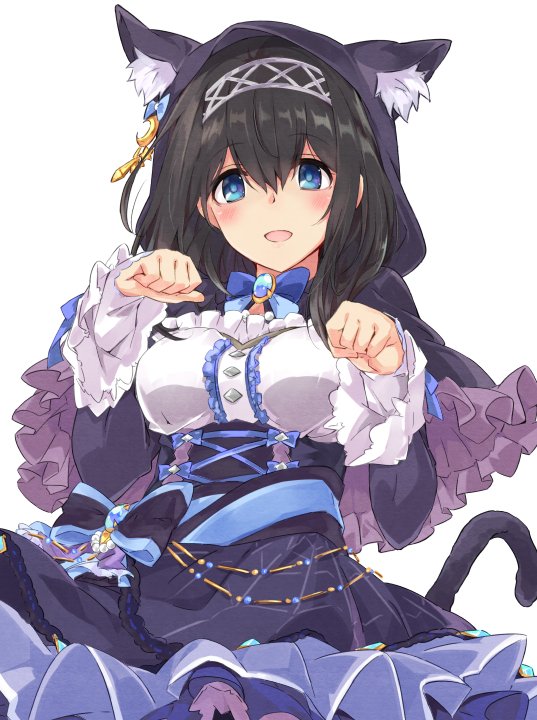 1girl animal_ears animal_hood bangs black_hair blue_bow blue_dress blue_eyes blue_ribbon blush bow breasts brooch capelet cat_ears cat_tail corset crescent crescent_moon_pin cross-laced_clothes diadem dress eyebrows_visible_through_hair frills hair_between_eyes halloween_costume hood idolmaster idolmaster_cinderella_girls jewelry large_breasts long_hair looking_at_viewer open_mouth paw_pose ribbon sagisawa_fumika simple_background smile solo spider_web_print tail underbust white_background yabudatami
