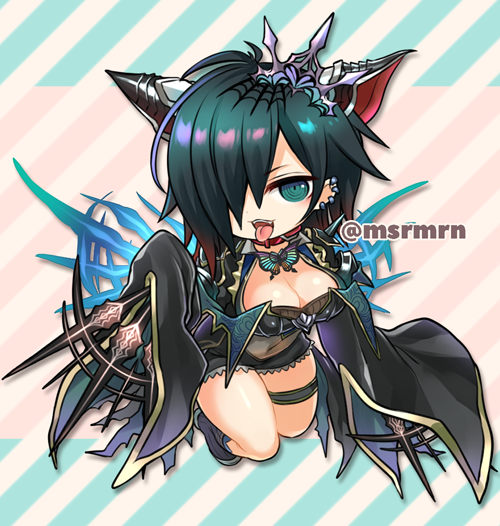 1girl animal_ears bangs black_dress black_legwear breasts bug butterfly character_request chibi cleavage commentary_request diagonal_stripes dress full_body gradient_hair green_eyes green_hair hair_over_one_eye insect kneehighs large_breasts long_hair long_sleeves looking_at_viewer marshmallow_mille multicolored_hair open_mouth puzzle_&amp;_dragons redhead short_dress sleeves_past_fingers sleeves_past_wrists solo striped thigh_strap tongue tongue_out twitter_username