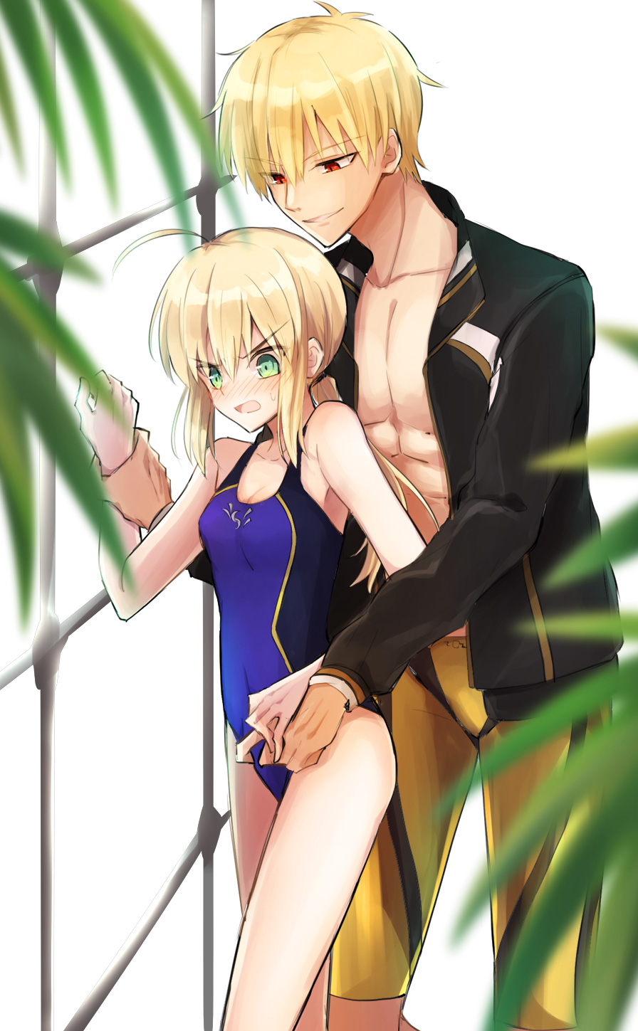 1boy 1girl ahoge artoria_pendragon_(all) black_jacket blonde_hair blue_swimsuit blurry_foreground breasts cleavage collarbone competition_swimsuit covered_navel eyebrows_visible_through_hair fate/stay_night fate_(series) gilgamesh green_eyes hair_between_eyes highres jacket long_hair nayu_tundora one-piece_swimsuit open_clothes open_jacket open_mouth ponytail saber shiny shiny_hair shorts sidelocks small_breasts standing swimsuit swimwear wrist_grab yellow_shorts