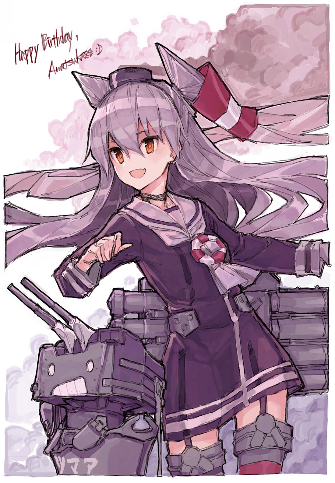 1girl :d air_qh amatsukaze_(kantai_collection) brown_dress brown_eyes character_name dress fang garter_straps gloves grey_gloves hair_tubes happy_birthday hat highres kantai_collection lifebuoy long_hair long_sleeves machinery mini_hat open_mouth red_legwear rensouhou-kun sailor_collar sailor_dress semi-transparent short_dress silver_hair simple_background single_glove smile smoke smokestack smokestack_hair_ornament solo thigh-highs torpedo_launcher turret two_side_up white_background white_sailor_collar windsock zettai_ryouiki