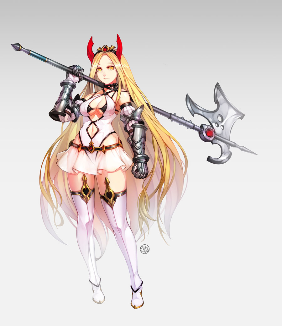 1girl bangs blonde_hair breasts brown_eyes closed_mouth criss-cross_halter dress dspell gauntlets halberd halterneck holding holding_weapon horns long_hair looking_at_viewer medium_breasts navel navel_cutout original parted_bangs polearm standing thigh-highs very_long_hair weapon white_dress white_legwear