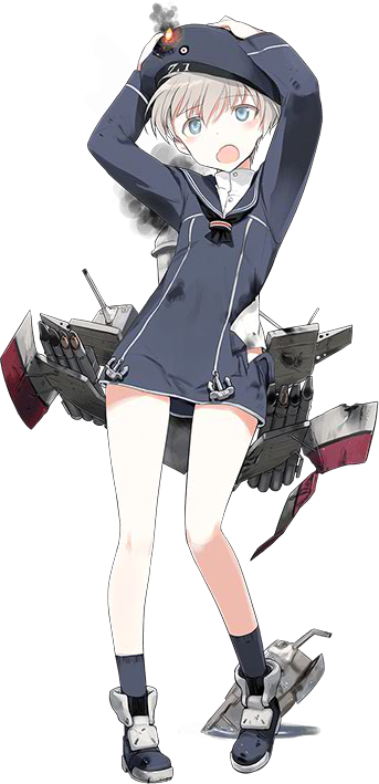 1girl ankle_boots arms_up bare_legs blue_eyes boots burning burning_clothes clothes_writing damaged dress full_body grey_hair hands_on_headwear hat kantai_collection legs looking_at_viewer microdress official_art open_mouth sailor_collar sailor_dress sailor_hat shimada_fumikane short_hair standing torn_clothes torpedo_launcher transparent_background weapon z1_leberecht_maass_(kantai_collection)