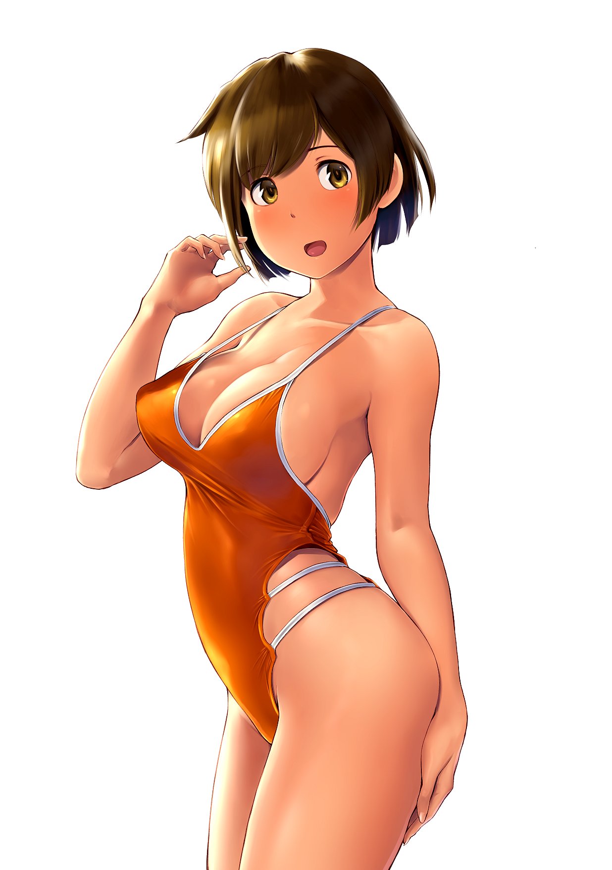 1girl blush breasts brown_eyes brown_hair cleavage cowboy_shot eyebrows_visible_through_hair from_side hand_up highres hiryuu_(kantai_collection) kantai_collection looking_at_viewer medium_breasts open_mouth orange_swimsuit short_hair simple_background solo strap_gap swimsuit wa_(genryusui) white_background